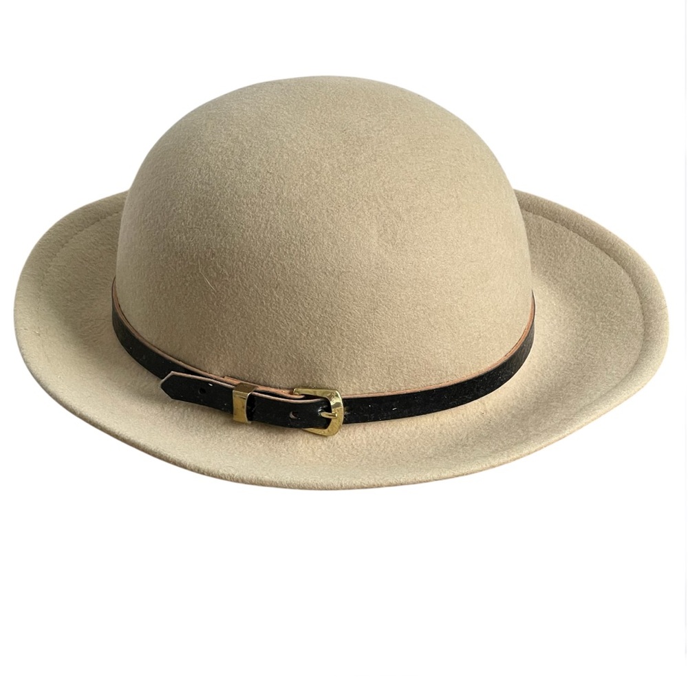 Beige Women's Felt Bowler Hat with Leather Band